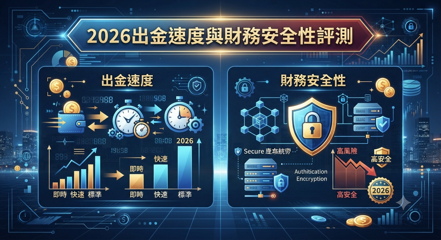 圖片主標題為「2026出金速度與財務安全性評測」,採用科技感藍色調背景。 畫面結合了圖表、時鐘與盾牌圖示,象徵金融交易的速度與安全評估。